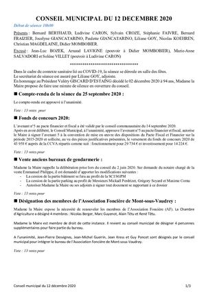 Mont-sous-Vaudrey Compte Rendu Conseil Municipal du 12/12/2020