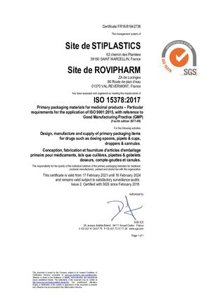 Stiplastics et Rovipharm Certificat Iso 15378
