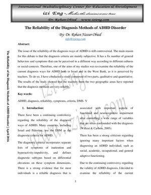 The Reliability Of The Diagnosis Methods Of Adhd Disorder DR. ROHAN NASER OBED