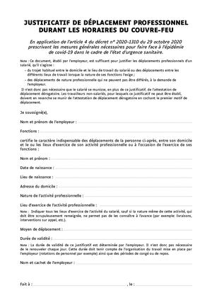 31 12 2020 Justificatif De Deplacement Professionnel Couvre Feu Pdf