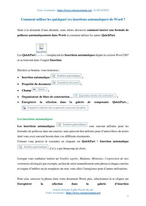 Comment utiliser les quickpart (ex insertions automatiques) de Word ?