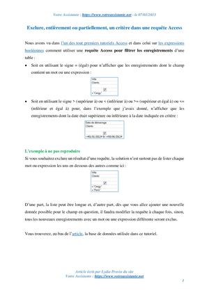 Exclure, entièrement ou partiellement, un critère dans une requête Access