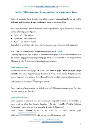 En-têtes différents et pieds de page continus sur un document Word
