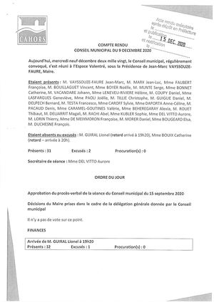 Consulter la séance du Conseil municipal de la Ville de Cahors du 09-12-2020