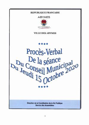 Procès-Verbal du Conseil Municipal du Jeudi 15 Octobre 2020
