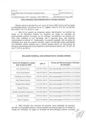Declaração dos dirigentes e conselheiros