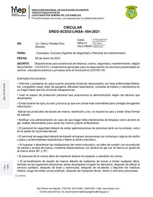 CIRCULAR 04 2021 Disposiciones Para El Personal De Limpieza, Cocina, Seguridad Y Mantenimiento Según