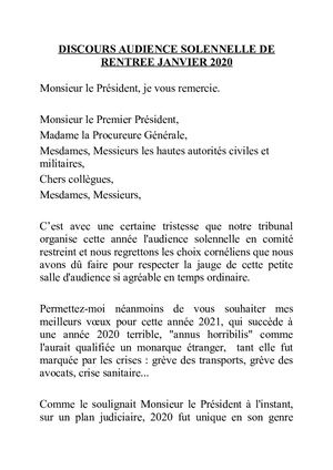 Discours Audience Solennelle Janvier 2021
