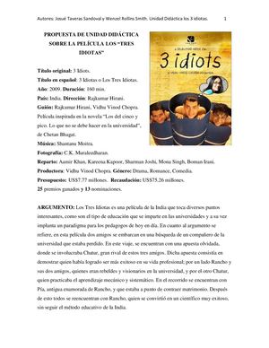 Propuesta De Unidad Didáctica Sobre La Película Los Tres Idiotas Subir