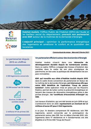 Communiqué 3 février 2021 - Signature prolongation Partenariat Habitat Audois Edf