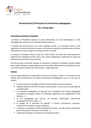 Offre D'emploi Direction EEP - Campus La Providence