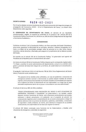 Decreto 0028 02 2021 Gobernación Del Cauca
