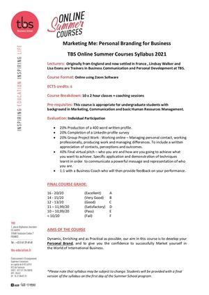 Tbs Online Summer 2021 Marketing Me Syllabus