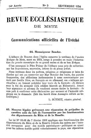 Revue Ecclésiastique de Metz 1954-09