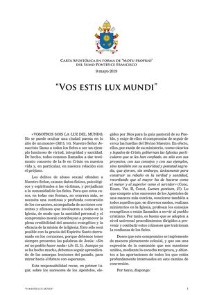 Carta Apostólica Motu Proprio Del Papa Francisco Vos Estis Lux Mundi