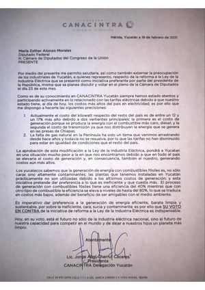 Carta de Canacintra a María Ester Alonzo Morales.