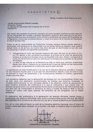Carta de Canacintra a Cecilia Anunciación Patrón Laviada.