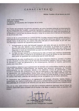 Carta de Canacintra a Juan José Canul Pérez