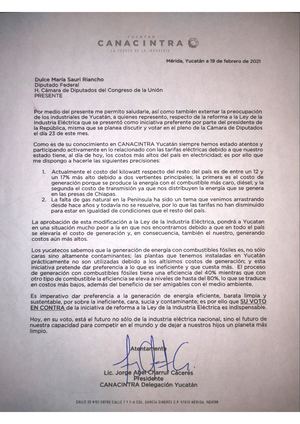 Carta de Canacintra a  Dulce María Sauri Riancho.