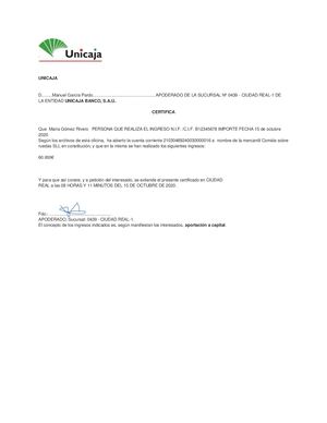 Certificado Ingreso Bancario