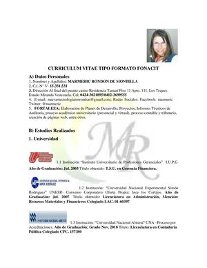 Curriculum Vitae Tipo Formato Fonacit Marmeric Rondon Actualizado