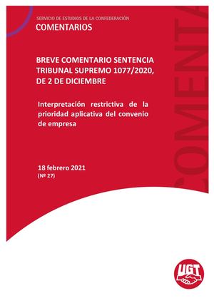 SENTENCIA DEL TRIBUNAL SUPREMO  1077/2020 sobre aplicación restrictiva del principio de prioridad aplicativa del convenio colectivo de empresa.