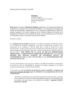 Carta Remisoria Derecho De Peticion Senadores Comicion Septima