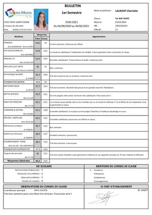 Bulletin 1er Semestre Term Bac Pro Pcepc