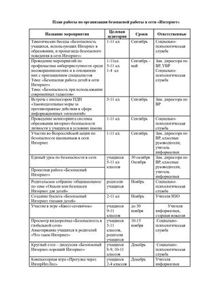 План работы по организации безопасной работы в сети