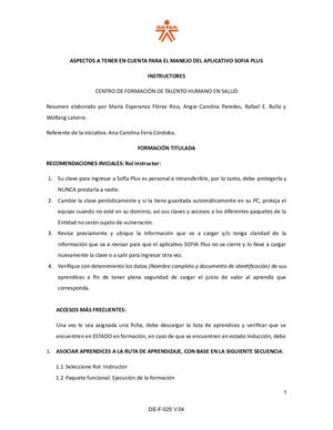 Recomendaciones Y Manejo Sofia Plus Para Instructores Formacion Titulada Y Complementaria