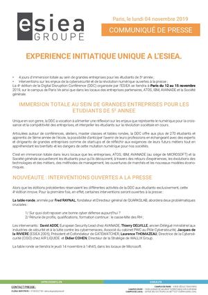 Communiqué de presse - Expérience initiative unique à l’ESIEA  - novembre 2019 - ESIEA