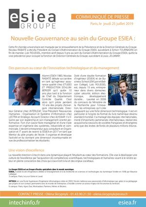 Communiqué de presse - Changement De Direction -  Juillet 2019 - ESIEA
