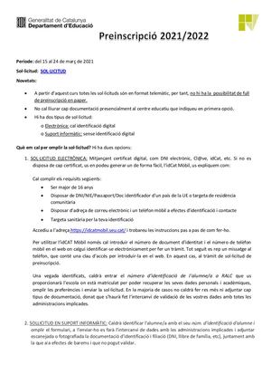 Informació Preinscripció