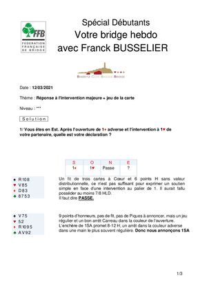 18. Solution Débutants Franck Busselier Votre Bridge Hebdo 12 03 2021