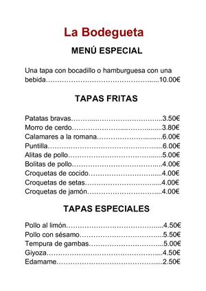 Carta De La Bodegueta