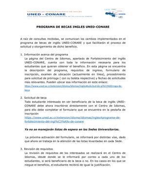 Programa De Becas Inglés Uned Conare, Información Actual Estudinates