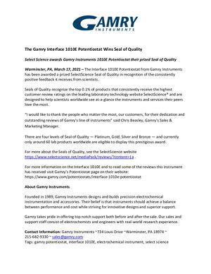 The Gamry Interface 1010E Potentiostat Wins Seal of Quality