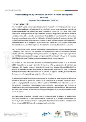 Lineamientos Feria Nacional Proyectos Escolares Sierra Amazonía 2020 2021