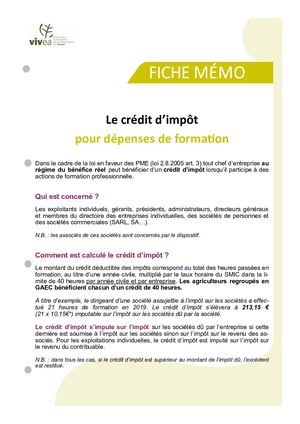 Vivea Fiche Memo Credit Dimpot Janvier 2020
