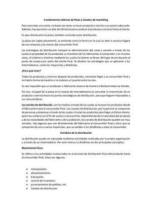 Fundamentos Teóricos De Plaza Y Canales De Marketing