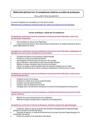 Référentiel Déclinant Les 19 Compétences Relatives Au Métier De Professeur