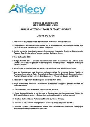 Ordre du Jour du Conseil Communautaire du Grand Annecy - jeudi 25 mars 2021
