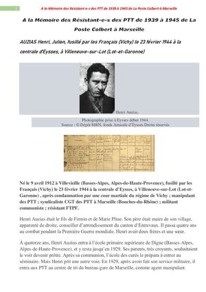 A La Mémoire Des Résistant-E- S Des Ptt De 1939 à 1945 De La Poste Colbert à Marseille