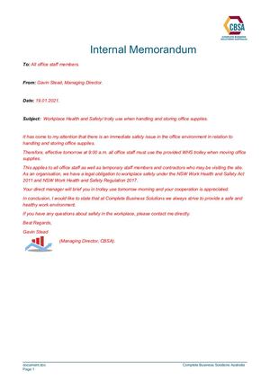BSBTEC301 SD Memorandum CBSA - ASSESSOR AT3 V1 0 (ID 182977).