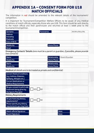 Consent for Under 18 Match Officials Form