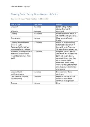 Year 12 Coursework Practise Music Video: Shooting Script