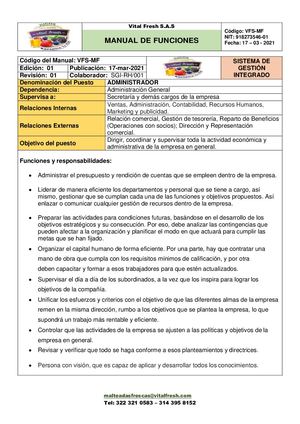 Manual De Funciones Vital Fresh S A S
