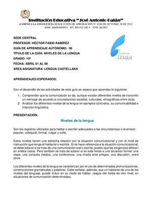 Grado 10 Actividad 8 Niveles De La Lengua