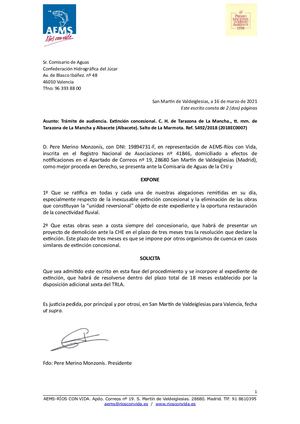 Alegaciones ratificando cancelación concesión en Tarazona de la Mancha, río Júcar 16 Marzo 2021