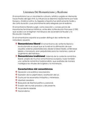 Literatura Del Romanticismo Y Realismo